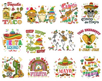 May include: A collection of colorful illustrations celebrating Cinco de Mayo. The illustrations feature a variety of themes, including tequila and tacos, fiesta, chip dipping and margarita sipping, skeletons dancing, and a taco emergency. The illustrations are perfect for use on t-shirts, mugs, tote bags, and other merchandise.