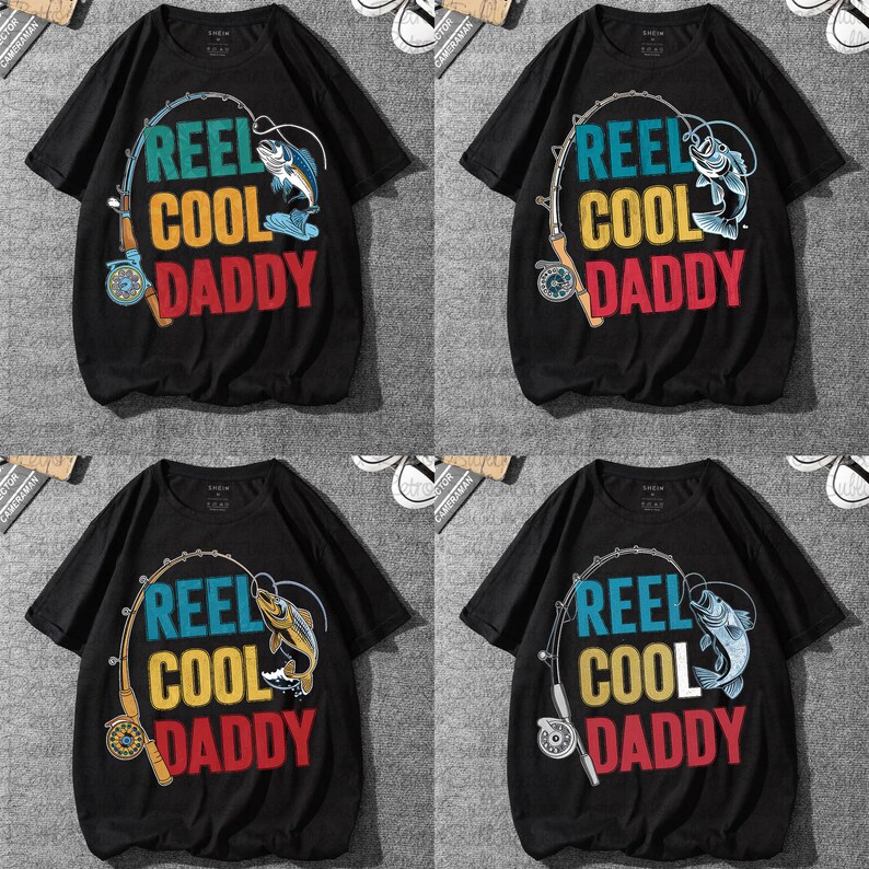 May include: Black t-shirts with the text "REEL COOL DADDY" in teal, yellow, and red. The design includes a fishing rod and a fish. The shirts are short-sleeved.