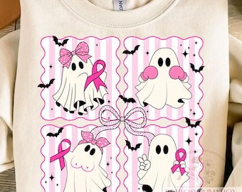 プレッピー乳がんゴーストPNG、ピンクのリボンのハロウィン昇華、ハロウィンピンクのゴーストPNG、10月のサポートPNG、がんと闘うPNG、デジタル