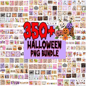 May include: A digital collection of over 350 Halloween-themed PNG graphics featuring pumpkins, ghosts, witches, and seasonal text. The central purple graphic displays the red text 350+ HALLOWEEN PNG BUNDLE in a dripping font style.