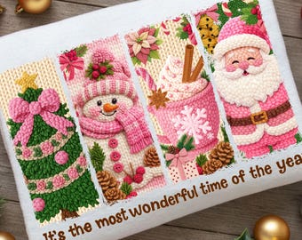 Faux Yarn Christmas PNG: Pink Crochet Santa, Snowman Design (Digital File)
