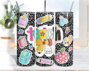 Personalization Teacher Composition Notebook Tumbler PNG, 20oz Skinny Sublimation Wrap, Cute School Design, Back To School Png,Teacher Gift