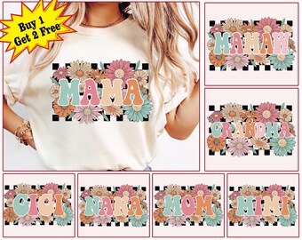Retro Floral Mama Png Bundle, Sublimacja na Dzień Matki, Boho Babcia Png, Vintage Flowers Mom Png, Cute Checkered Mama Png, Koszula na Dzień Matki