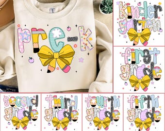 Preppy Back To School Floral Png, First Day Of School Png, Pencil Coquette Bow Png, School Life Png, Pre-K 1st/2nd/3rd/4th/5th Grade Png
