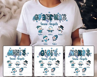 May include: A set of four sublimation designs featuring snow angels with personalized names. The designs include "Grandma's Snow Angels", "Mimi's Snow Angels", "Gigi's Snow Angels", and "Nana's Snow Angels". Each design features a blue and white plaid pattern with snowflakes and a snowman.