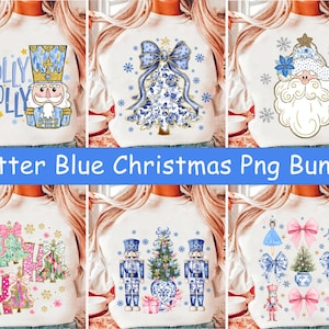 May include: A set of six digital sublimation designs featuring blue and white Christmas themes. The designs include a nutcracker, a Christmas tree, a Santa Claus, and a "Holly Jolly" design. The designs are perfect for creating custom apparel, mugs, and other crafts.