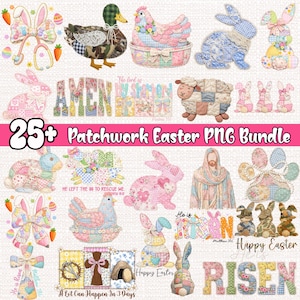 Peut inclure: Une collection d'images de Pâques en patchwork, comprenant des lapins, des poussins, des canards et des moutons. Les images sont dans des couleurs pastel et présentent des motifs floraux et géométriques. Le texte comprend "Joyeuses Pâques".