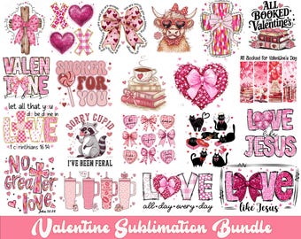 Könnte beinhalten: Ein digitales Download-Paket mit 10 Sublimationsdesigns zum Valentinstag, die rosa, rote und weiße Herzen, Kreuze und andere romantische Bilder zeigen. Die Designs beinhalten Sätze wie "Love Like Jesus", "All Booked for Valentine's Day" und "No Greater Love".