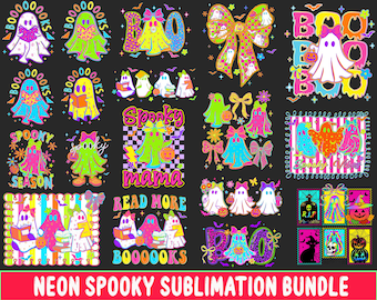 May include: A neon spooky sublimation bundle featuring various Halloween-themed designs. The designs include ghosts, bows, and the text "Boo", "Spooky", "Read More", and "Books". The color palette includes neon pink, green, blue, and orange.
