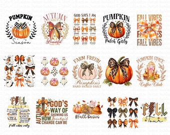 May include: A digital collage of 10 different designs featuring fall themes. The designs include pumpkins, bows, ghosts, coffee, and fall-themed text. The designs are in a variety of colors, including orange, brown, white, and black.