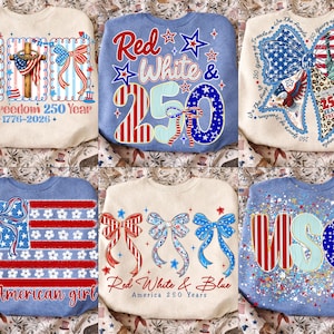 Puede incluir: Colección de seis sudaderas con diseños patrióticos. Los diseños presentan colores rojo, blanco y azul, lazos, estrellas y textos como "Faith Freedom 250 Year", "Red White & 250" y "All American girl".