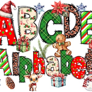 Pacote de alfabeto de Natal PNG, letras de Natal números clipart alfabeto de Papai Noel PNG, fonte de Natal PNG, rabiscos de Natal PNG, letra desenhada à mão