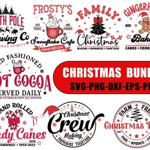 May include: A set of ten Christmas-themed SVG cut files. The designs include "North Pole Brewing Co", "Frosty's Snowflake Cafe", "Family Christmas", "Gingerbread Bakery", "Old Fashioned Hot Cocoa", "Hand Rolled Candy Canes", "Christmas Crew", and "Farm Fresh Christmas Trees".