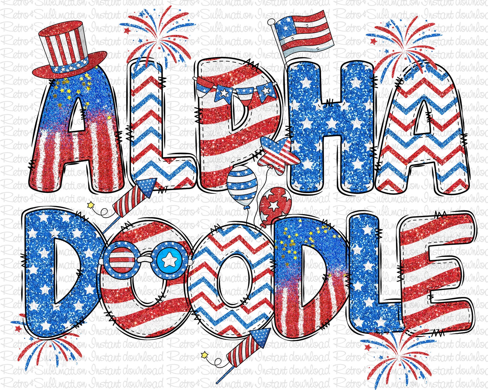 4th of July Alphabet Png, Patriotic Doodle Alphabet Bundle, 4th of July ...