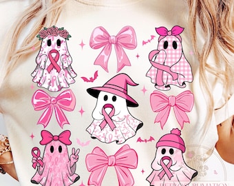 Preppy Breast Cancer Ghost Png, Coquette Pink Ribbon Png, Breast Cancer Awareness Png, October Support Shirt Design, Halloween Pink Ghost