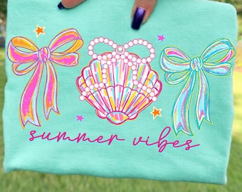 Preppy Summer PNG: Coquette Bow Seashell Png, Summer Vibe Png, Retro Beach Aesthetic Neon (Digital Download)