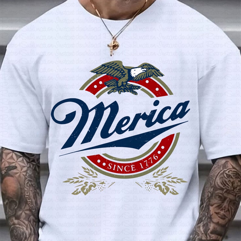 May include: White t-shirt with a vintage-style logo featuring an eagle, the word "Merica", and the text "Since 1776".