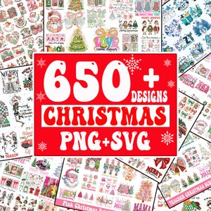 May include: A collection of Christmas-themed designs, including Santa Claus, Christmas trees, and festive text. The image features a large red rectangle with the text "650+ DESIGNS CHRISTMAS PNG+SVG".