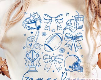 Retro Game Day Bow Png, Football Cheer Sublimation, Coquette Football Mom Png, Football Doodles Png, Touchdown Season Png, Hand Drawn