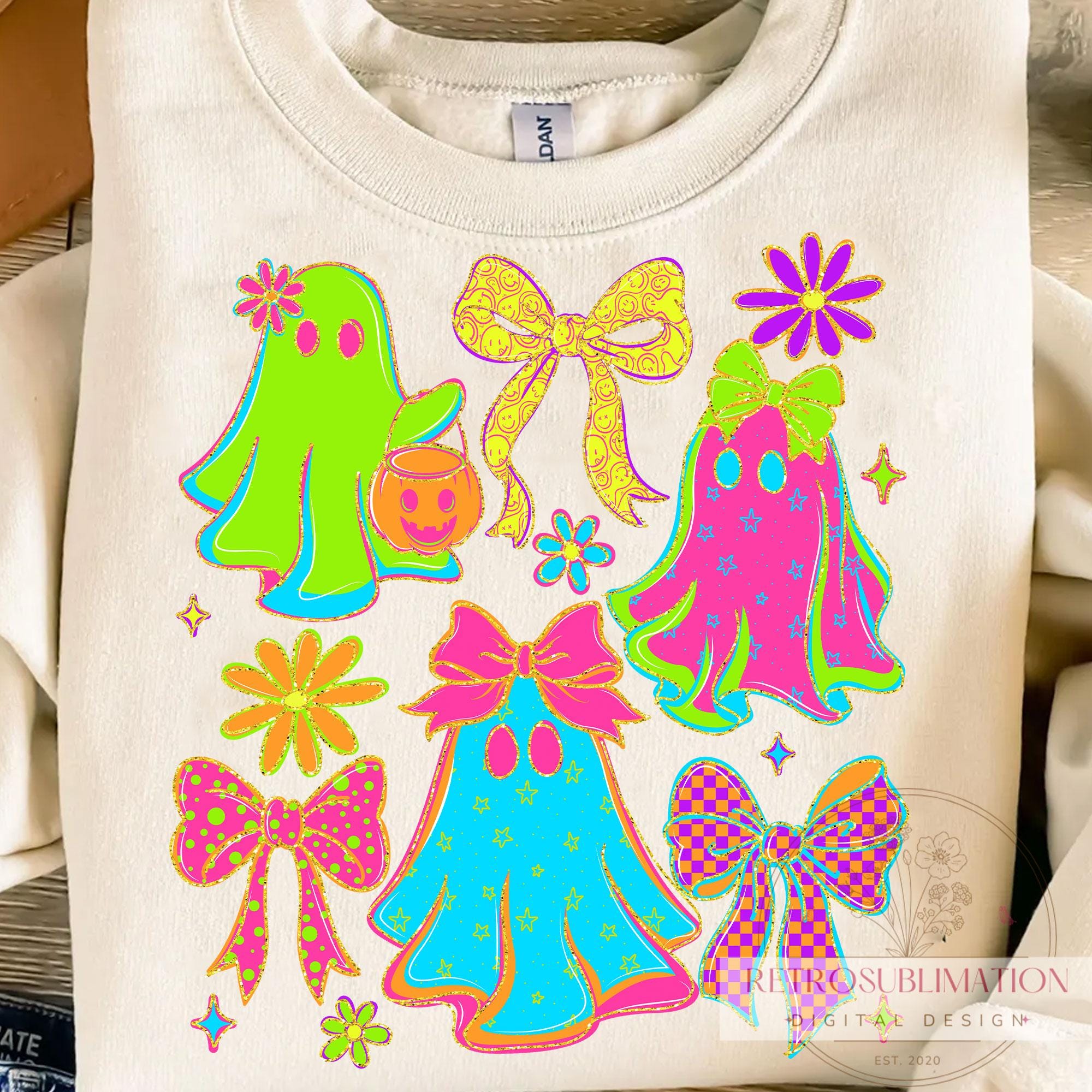 Neon Ghost PNG, Preppy Halloween Png, Retro Floral Spooky PNG, Cute Boo Ghost Sublimation, Kawaii Ghost With Bows Png, Digital Download