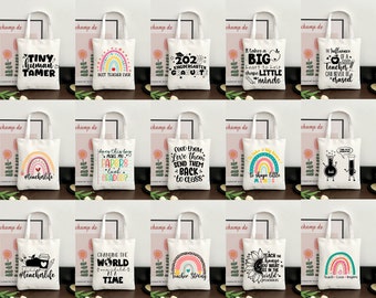 Teacher Tote Bag Svg Bundle, Teachers Quotes Svg, Boho Rainbow Teacher Svg, Back To School Svg, Funny Tote Bag Sayings, Digital Prints