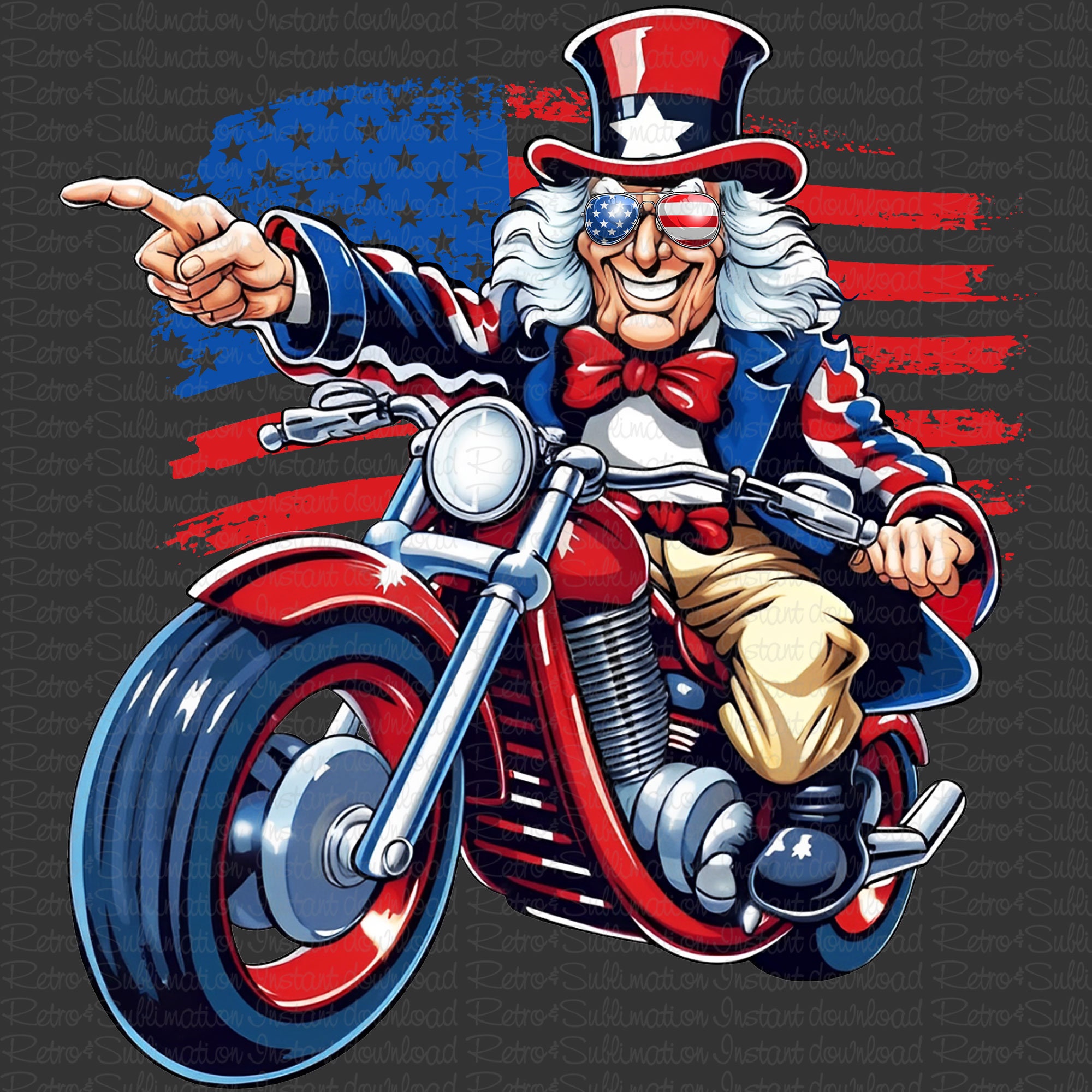 独立記念日おめでとう PNG、愛国的なアンクルサムのバイク PNG、アメリカ国旗のバイカー T シャツ デザイン、愛国的なシャツ PNG、自由 PNG、デジタル プリント