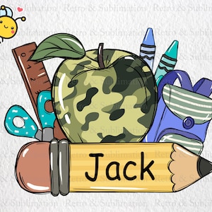 Personalized Back To School Camo Apple Png, First Day of School Png, Custom Name School Png for Boys, Editable Pencil Name Tag Png, Digital