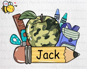 Personalized Back To School Camo Apple Png, First Day of School Png, Custom Name School Png for Boys, Editable Pencil Name Tag Png, Digital