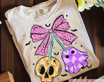 Halloween Ghost & Skull with Bow Png, Spooky Cherry Bow Halloween Png, Cute Ghost Pink Bow Sublimation, Skull Cherry Png, Digital Download