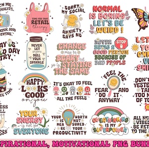 Puede incluir: Un conjunto de 16 ilustraciones digitales coloridas con citas motivacionales e inspiradoras. Las ilustraciones presentan una variedad de diseños, que incluyen flores, arcoíris, mariposas y personajes de dibujos animados. Las citas incluyen frases como "Happy Looks Good on You", "Change May Be Scary But So Is Staying The Same", y "Overthinking Is My Superpower".