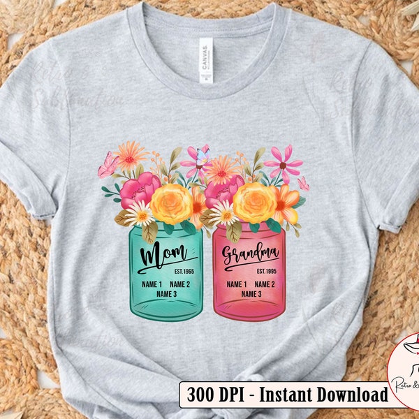 Personalization Mom and Grandma With Nickname for Mothers Day Gift Flower Vase Grandma Png Mothers Day Png Floral Mom Png Mama Png