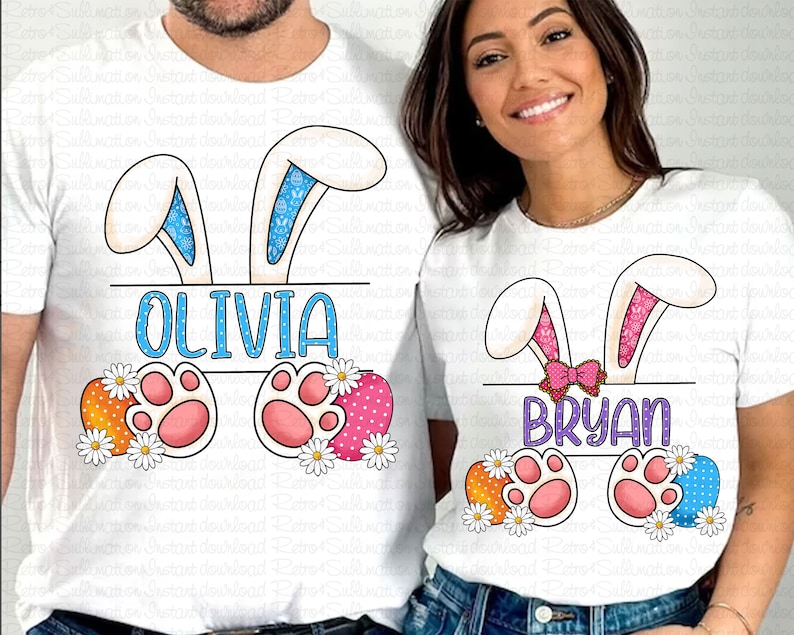 May include: Two white t-shirts with bunny ears and Easter egg designs. The first shirt says "Olivia" and the second shirt says "Bryan".