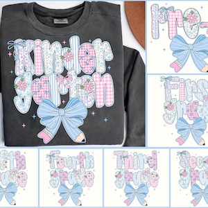 May include: Dark gray sweatshirt with the word "Kindergarten" in a whimsical font. The letters are decorated with floral and gingham patterns, a blue bow, and a pencil. Additional images show "Pre-K" and grades 1-5 with similar designs.