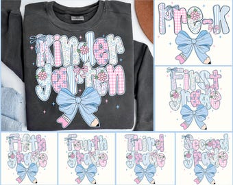 Preppy Back To School Floral Png Bundle, First Day of School Png, Coquette Style Bow Sublimation, Girly Grade Level Shirt Design, Digital