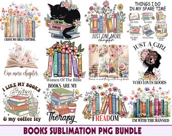 Boeken sublimatie Png-bundel, boeken citaten bundel Png Instant Download, boek lezen, Booktrovert Lover-bestand, boek met bloem, bibliothecaris png
