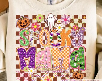 Retro Halloween Spooky Mama Png, Halloweenpumpa Png, Sublimering av rutig blommig spöke, Flickig Halloween-rosett Png, Höstvibbar Png, Digital