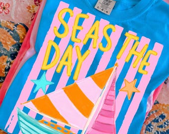 Retro Summer PNG: Seas The Day PNG, Barca a vela PNG, Spiaggia a righe di tendenza PNG, Gita al lago (Download digitale)