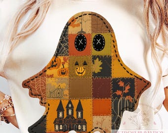 Cute Fall Ghost PNG, Patchwork Halloween Sublimation Design, Cozy ...