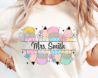 Personalized Teacher Pencil Png, Cute Pencils With Bows Flowers Png, Pastel Pencil Banner PNG, Teacher Pencil Png,  Back To School Png