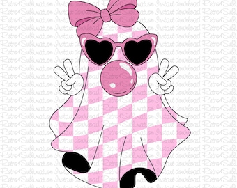 Cute Girly Ghost Blowing Bubble Svg, Checkered Ghost Bow Svg, Cute Ghost Svg, Halloween Ghost Svg, Halloween Svg, Spooky Season Svg, Boo Svg