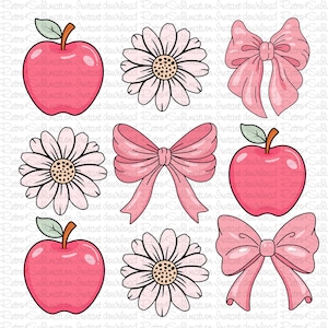 Pode incluir: Um conjunto de seis imagens de clipart digital que apresentam um laço rosa, uma maçã rosa e uma margarida branca. As imagens são perfeitas para projetos de artesanato, scrapbooking e design digital.