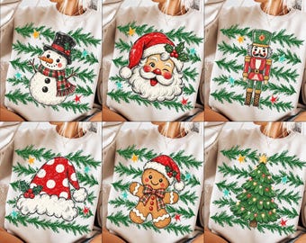 Vintage Christmas PNG Bundle, Christmas Sublimation, Retro Xmas Holiday,Hand Drawn Santa Snowman Nutcracker Gingerbread Christmas Tree PNG