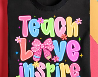 Teach Love Inspire PNG, kleurrijk terug naar school png, schattige potloodstrik png, cadeau leraar png, preppy leraar png, terug naar school png