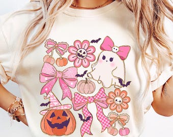 Coquette Halloween Ghost Png, Boho Halloween Png, Girly Pumpkin Bow Sublimation, Floral Spooky Season Png, Retro Halloween Sublimation