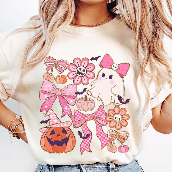 Coquette Halloween Ghost Png, Boho Halloween Png, Girly Pumpkin Bow Sublimation, Floral Spooky Season Png, Retro Halloween Sublimation