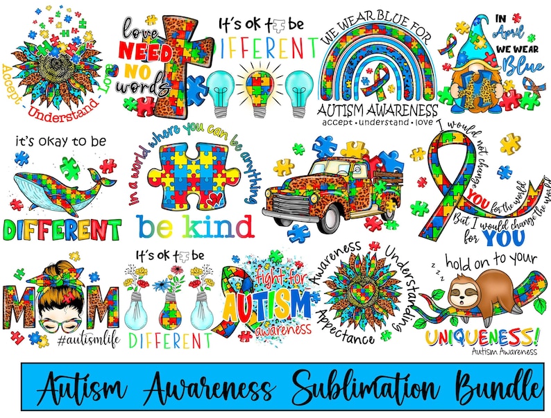 Pu&ograve; includere: Un pacchetto di sublimazione di 12 design con pezzi di puzzle, arcobaleni e altre immagini legate alla consapevolezza dell'autismo. I design includono frasi come "Va bene essere diversi", "Accetta Comprendi Ama", "Combatti per l'autismo", e "Stringiti alla tua unicit&agrave;!"