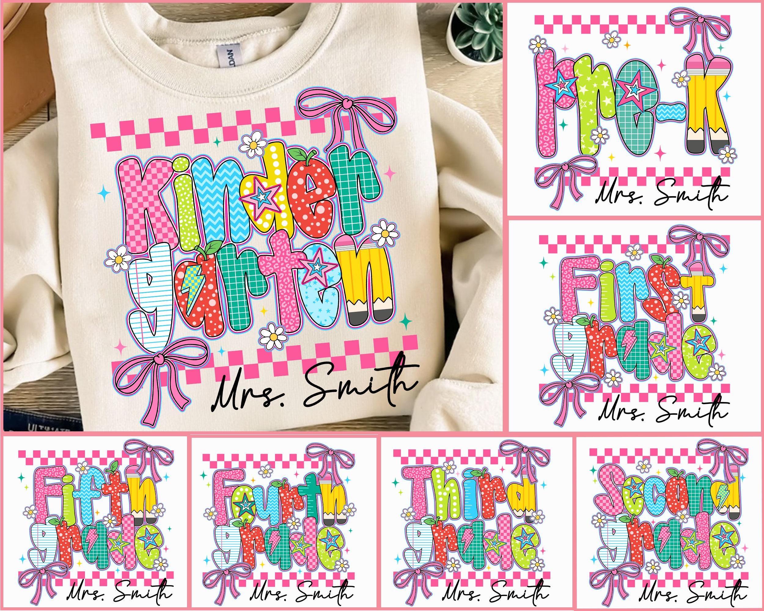 Colorful Back to School PNG Bundle, First Day Of School Png, Custom Teacher Name Shirt, Retro Checkerboard Bow Png, Senior 2026