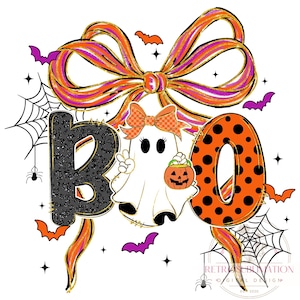 May include: A Halloween-themed graphic with the word "BOO" in a playful design. The "B" is black with a leopard print, the "O" is orange with black polka dots, and the second "O" is a ghost holding a pumpkin. The design includes bats, spiders, and a large bow.
