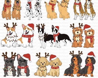 Può includere: Un download digitale di 10 razze di cani diverse che indossano cappelli di Babbo Natale e corna di renna con luci di Natale. I cani sono tutti in stile cartone animato e guardano in avanti. Lo sfondo è bianco.
