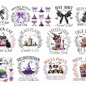 May include: A set of 10 Halloween-themed designs featuring various spooky and whimsical illustrations. The designs include a black cat, a witch, a cauldron, a pumpkin, a bat, a book, a candle, a coffee cup, and a skull. The designs are perfect for creating t-shirts, mugs, tote bags, and other merchandise.